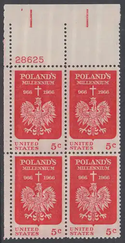 USA Michel 0904 / Scott 1313 postfrisch PLATEBLOCK ECKRAND oben links m/ Platten-# 28625 - 1000 Jahre Polen; Kreuz über polnischem Adler 