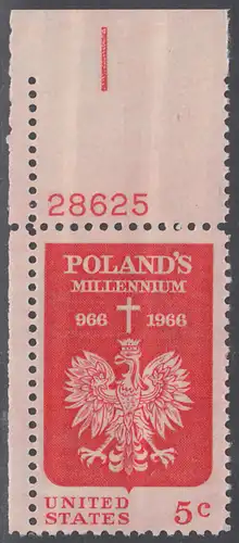 USA Michel 0904 / Scott 1313 postfrisch EINZELMARKE ECKRAND oben links m/ Platten-# 28625 - 1000 Jahre Polen; Kreuz über polnischem Adler 