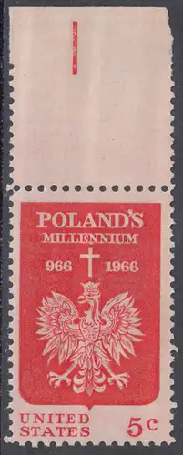 USA Michel 0904 / Scott 1313 postfrisch EINZELMARKE RAND oben (a2) - 1000 Jahre Polen; Kreuz über polnischem Adler 