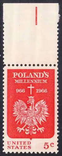 USA Michel 0904 / Scott 1313 postfrisch EINZELMARKE RAND oben (a2) - 1000 Jahre Polen; Kreuz über polnischem Adler 