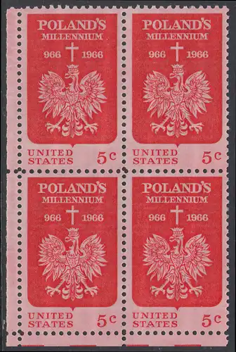 USA Michel 0904 / Scott 1313 postfrisch BLOCK ECKRAND unten links - 1000 Jahre Polen; Kreuz über polnischem Adler 