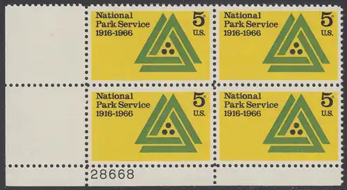 USA Michel 0905 / Scott 1314 postfrisch PLATEBLOCK ECKRAND unten links m/ Platten-# 28688 - 50 Jahre Nationalparkdienst 