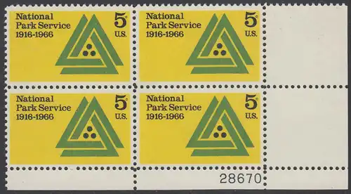 USA Michel 0905 / Scott 1314 postfrisch PLATEBLOCK ECKRAND unten rechts m/ Platten-# 28670 - 50 Jahre Nationalparkdienst 