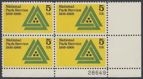 USA Michel 0905 / Scott 1314 postfrisch PLATEBLOCK ECKRAND unten rechts m/ Platten-# 28649 (b) - 50 Jahre Nationalparkdienst 