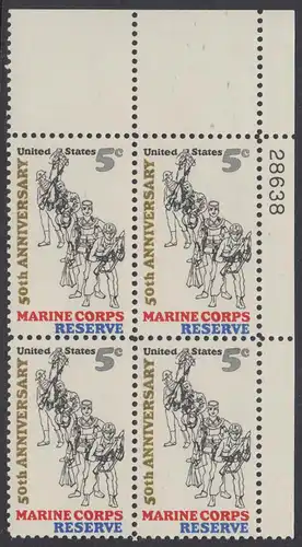 USA Michel 0906 / Scott 1315 postfrisch PLATEBLOCK ECKRAND oben rechts m/ Platten-# 28638 (b) - 50 Jahre Reservistenvereinigung der Marineinfanteristen