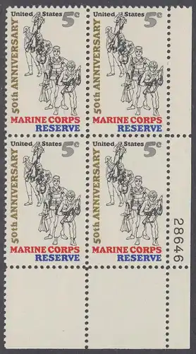 USA Michel 0906 / Scott 1315 postfrisch PLATEBLOCK ECKRAND unten rechts m/ Platten-# 28646 - 50 Jahre Reservistenvereinigung der Marineinfanteristen