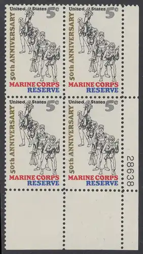 USA Michel 0906 / Scott 1315 postfrisch PLATEBLOCK ECKRAND unten rechts m/ Platten-# 28638 - 50 Jahre Reservistenvereinigung der Marineinfanteristen