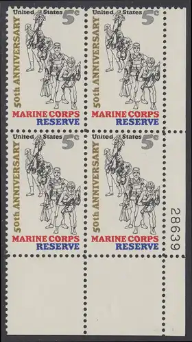 USA Michel 0906 / Scott 1315 postfrisch PLATEBLOCK ECKRAND unten rechts m/ Platten-# 28639 - 50 Jahre Reservistenvereinigung der Marineinfanteristen
