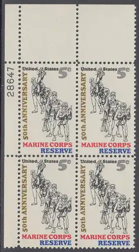 USA Michel 0906 / Scott 1315 postfrisch PLATEBLOCK ECKRAND oben links m/ Platten-# 28647 - 50 Jahre Reservistenvereinigung der Marineinfanteristen