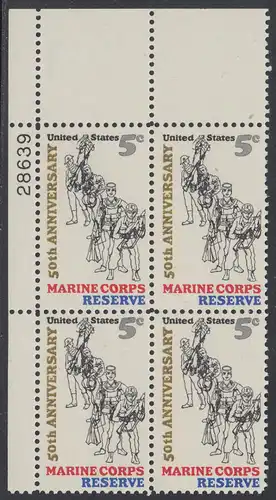USA Michel 0906 / Scott 1315 postfrisch PLATEBLOCK ECKRAND oben links m/ Platten-# 28639 - 50 Jahre Reservistenvereinigung der Marineinfanteristen