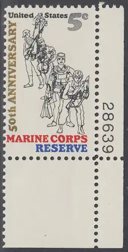 USA Michel 0906 / Scott 1315 postfrisch EINZELMARKE ECKRAND unten rechts m/ Platten-# 28639 - 50 Jahre Reservistenvereinigung der Marineinfanteristen