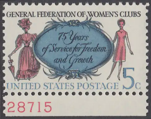 USA Michel 0907 / Scott 1316 postfrisch EINZELMARKE RAND unten m/ Platten-# 28715 - 75 Jahre Vereinigte Frauen-Clubs