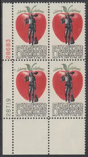 USA Michel 0908 / Scott 1317 postfrisch PLATEBLOCK ECKRAND unten links m/ Platten-# 28719 (b) - Amerikanische Folklore: Johnny Appleseed