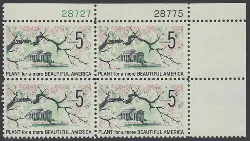 USA Michel 0909 / Scott 1318 postfrisch PLATEBLOCK ECKRAND oben rechts m/ Platten-# 28775 - Verschönerung Amerikas: Ast mit Kirschblüten; Jefferson-Gedenkstätte in Washington, DC