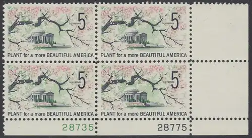 USA Michel 0909 / Scott 1318 postfrisch PLATEBLOCK ECKRAND unten rechts m/ Platten-# 28775 - Verschönerung Amerikas: Ast mit Kirschblüten; Jefferson-Gedenkstätte in Washington, DC