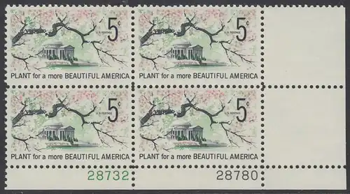 USA Michel 0909 / Scott 1318 postfrisch PLATEBLOCK ECKRAND unten rechts m/ Platten-# 28780 - Verschönerung Amerikas: Ast mit Kirschblüten; Jefferson-Gedenkstätte in Washington, DC