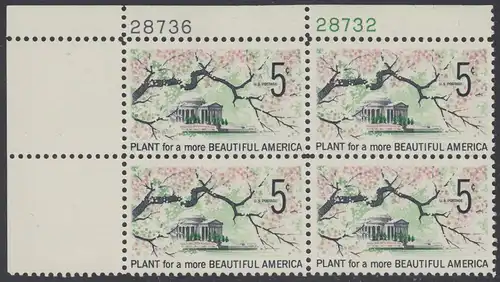 USA Michel 0909 / Scott 1318 postfrisch PLATEBLOCK ECKRAND oben links m/ Platten-# 28736 - Verschönerung Amerikas: Ast mit Kirschblüten; Jefferson-Gedenkstätte in Washington, DC