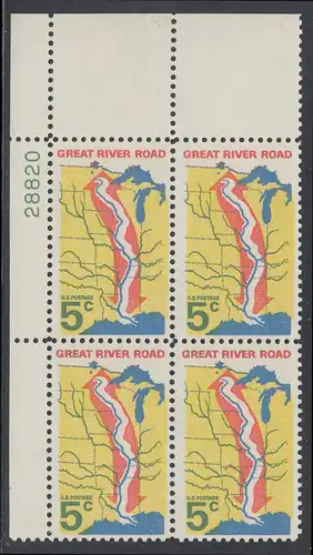 USA Michel 0910 / Scott 1319 postfrisch PLATEBLOCK ECKRAND oben links m/ Platten-# 28820 - „Great River Road“ - Mississippi-Uferstraße 
