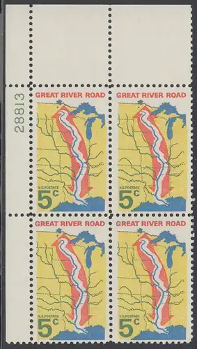 USA Michel 0910 / Scott 1319 postfrisch PLATEBLOCK ECKRAND oben links m/ Platten-# 28813 - „Great River Road“ - Mississippi-Uferstraße 