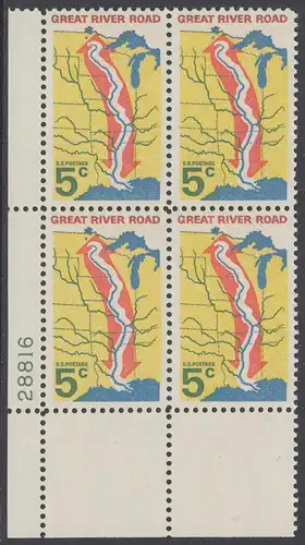 USA Michel 0910 / Scott 1319 postfrisch PLATEBLOCK ECKRAND unten links m/ Platten-# 28816 - „Great River Road“ - Mississippi-Uferstraße 