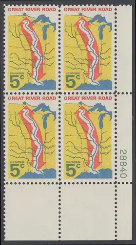 USA Michel 0910 / Scott 1319 postfrisch PLATEBLOCK ECKRAND unten rechts m/ Platten-# 28840 - „Great River Road“ - Mississippi-Uferstraße 