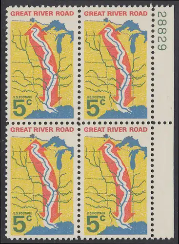 USA Michel 0910 / Scott 1319 postfrisch BLOCK RÄNDER rechts  m/ Platten-# 28829 - „Great River Road“ - Mississippi-Uferstraße 