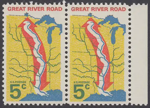 USA Michel 0910 / Scott 1319 postfrisch horiz.PAAR RAND rechts - „Great River Road“ - Mississippi-Uferstraße 