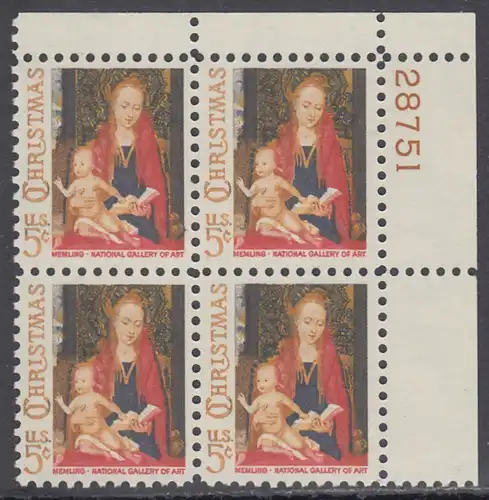 USA Michel 0912 / Scott 1321 postfrisch PLATEBLOCK ECKRAND oben rechts m/ Platten-# 28751 - Weihnachten: Maria mit Kind und Engeln