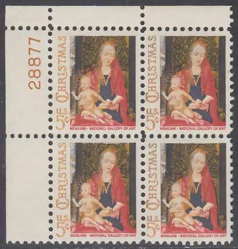 USA Michel 0912 / Scott 1321 postfrisch PLATEBLOCK ECKRAND oben links m/ Platten-# 28877 - Weihnachten: Maria mit Kind und Engeln