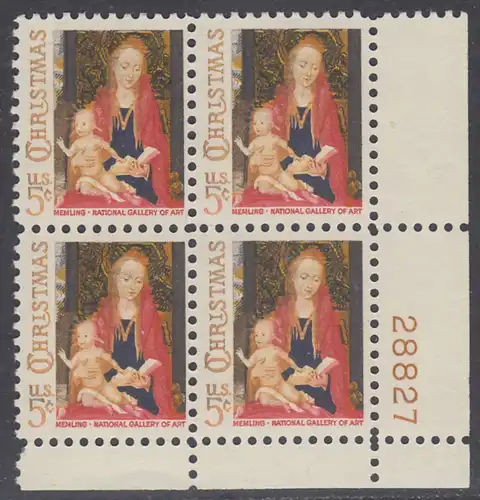 USA Michel 0912 / Scott 1321 postfrisch PLATEBLOCK ECKRAND unten rechts m/ Platten-# 28827 - Weihnachten: Maria mit Kind und Engeln