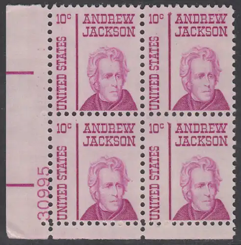 USA Michel 0917 / Scott 1286 postfrisch PLATEBLOCK ECKRAND unten links m/ Platten-# 30995 - Berühmte Amerikaner: Andrew Jackson, 7. Präsident
