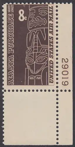 USA Michel 0918 / Scott C070 postfrisch Luftpost-EINZELMARKE ECKRAND unten rechts - 100. Jahrestag des Erwerbs von Alaska; Totempfahl des Tlingit-Stammes, Südalaska