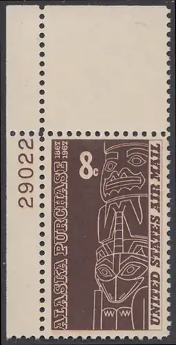 USA Michel 0918 / Scott C070 postfrisch Luftpost-EINZELMARKE ECKRAND oben links - 100. Jahrestag des Erwerbs von Alaska; Totempfahl des Tlingit-Stammes, Südalaska