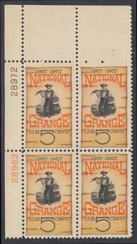 USA Michel 0919 / Scott 1323 postfrisch PLATEBLOCK ECKRAND oben links m/ Platten-# 28972 - 100 Jahre Farmer-Organisation „National Grange“