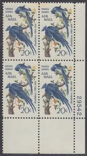 USA Michel 0920 / Scott C071 postfrisch Luftpost-PLATEBLOCK ECKRAND unten rechts m/ Platten-# 29542 - Mexikanischer Elsterhäher; Zeichnung von John James Audubon, Zeichner und Ornithologe