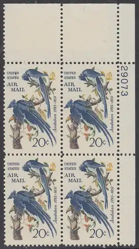USA Michel 0920 / Scott C071 postfrisch Luftpost-PLATEBLOCK ECKRAND oben rechts m/ Platten-# 29073 (b) - Mexikanischer Elsterhäher; Zeichnung von John James Audubon, Zeichner und Ornithologe