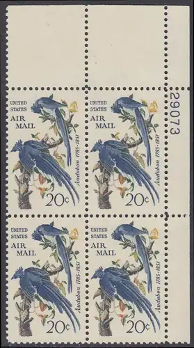 USA Michel 0920 / Scott C071 postfrisch Luftpost-PLATEBLOCK ECKRAND oben rechts m/ Platten-# 29073 (a) - Mexikanischer Elsterhäher; Zeichnung von John James Audubon, Zeichner und Ornithologe