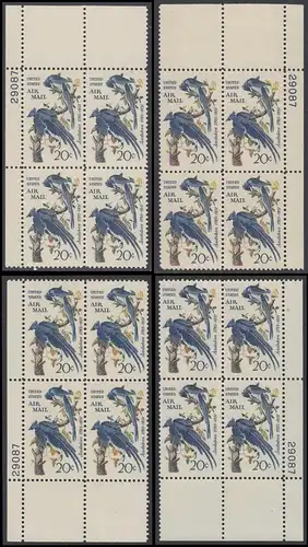USA Michel 0920 / Scott C071 postfrisch Luftpost-PLATEBLOCK-Set ECKRÄNDER (4x) m/ Platten-# 29087 - Mexikanischer Elsterhäher; Zeichnung von John James Audubon, Zeichner und Ornithologe