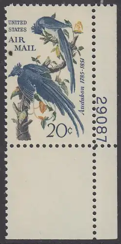 USA Michel 0920 / Scott C071 postfrisch Luftpost-EINZELMARKE ECKRAND unten rechts m/ Platten-# 29087 - Mexikanischer Elsterhäher; Zeichnung von John James Audubon, Zeichner und Ornithologe