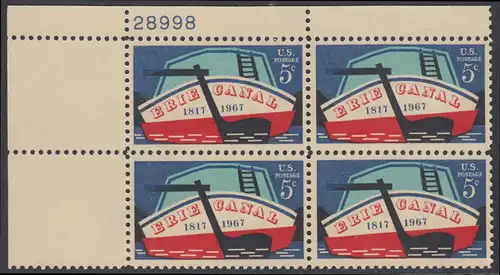 USA Michel 0923 / Scott 1325 postfrisch PLATEBLOCK ECKRAND oben links m/ Platten-# 28998 - 150. Jahrestag der Eröffnung des Erie-Kanals; Binnen-Frachtschiff auf dem Erie-Kanal