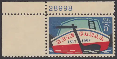 USA Michel 0923 / Scott 1325 postfrisch EINZELMARKE ECKRAND oben links m/ Platten-# 28998 - 150. Jahrestag der Eröffnung des Erie-Kanals; Binnen-Frachtschiff auf dem Erie-Kanal