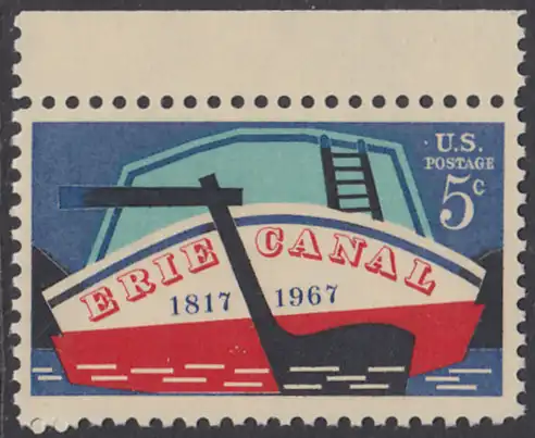 USA Michel 0923 / Scott 1325 postfrisch EINZELMARKE RAND oben - 150. Jahrestag der Eröffnung des Erie-Kanals; Binnen-Frachtschiff auf dem Erie-Kanal