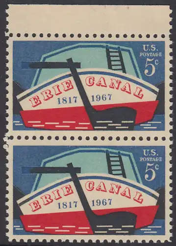 USA Michel 0923 / Scott 1325 postfrisch vert.PAAR RAND oben - 150. Jahrestag der Eröffnung des Erie-Kanals; Binnen-Frachtschiff auf dem Erie-Kanal