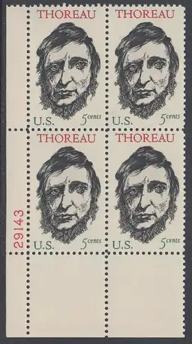 USA Michel 0925 / Scott 1327 postfrisch PLATEBLOCK ECKRAND unten links m/ Platten-# 29143 - Henry David Thoreau; Schriftsteller und Philosoph