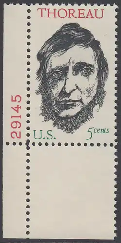 USA Michel 0925 / Scott 1327 postfrisch EINZELMARKE ECKRAND unten links m/ Platten-# 29145 - Henry David Thoreau; Schriftsteller und Philosoph