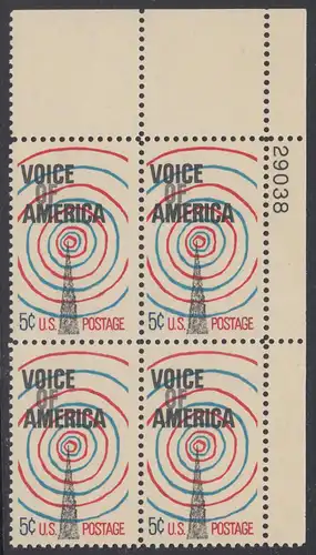 USA Michel 0927 / Scott 1329 postfrisch PLATEBLOCK ECKRAND oben rechts m/ Platten-# 29038 - Radiosender „Stimme Amerikas“; Sendemast mit ausstrahlenden Radiowellen