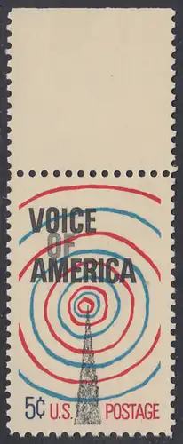 USA Michel 0927 / Scott 1329 postfrisch EINZELMARKE RAND oben - Radiosender „Stimme Amerikas“; Sendemast mit ausstrahlenden Radiowellen