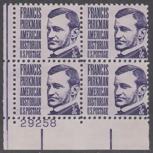 USA Michel 0929 / Scott 1281 postfrisch PLATEBLOCK ECKRAND unten links m/ Platten-# 29258 (a) - Berühmte Amerikaner: Francis Parkman, Historiker