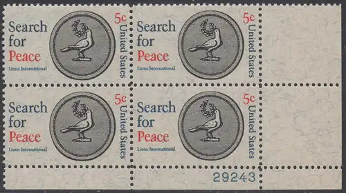 USA Michel 0924 / Scott 1326 postfrisch PLATEBLOCK ECKRAND unten rechts m/ Platten-# 29243 - 50 Jahre Lions International; Medaille mit Friedenstaube