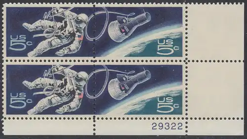 USA Michel 0930-0931 / Scott 1331-1332 postfrisch PLATEBLOCK ECKRAND unten rechts m/ Platten-# 29322 - US-Behörde für Raumfahrt (NASA)